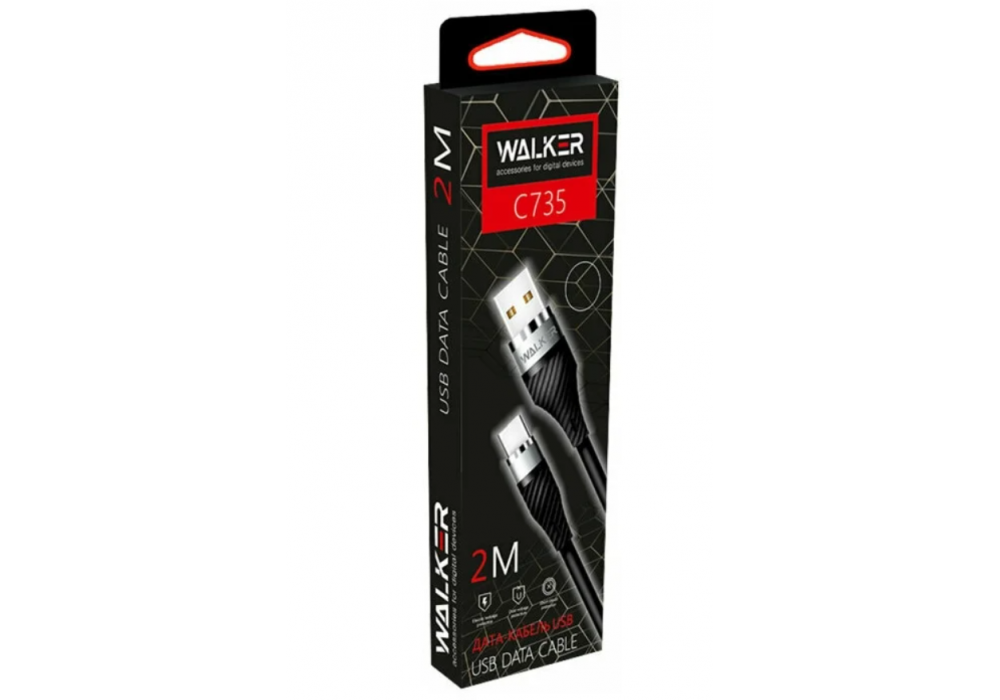 Шнур USB- micro 2м.WALKER,C735 (3.1A) прорезиненный,черный