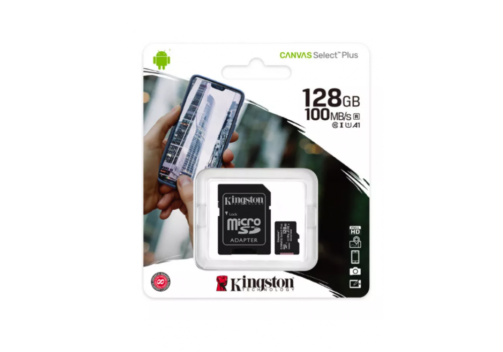К.П. micro SD 128Gb Kingston,Canvas Select Plus,class10 с/а,UHS-I U1 A1 100mb/s