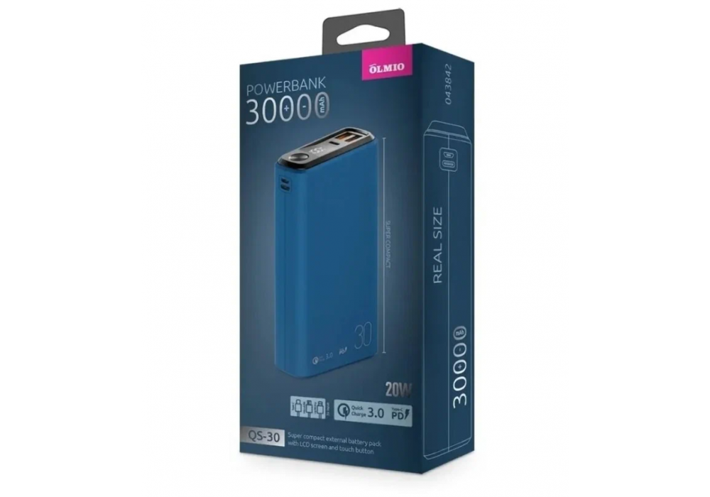 Аккум.внешний 30000mAh Power Bank Olmio QX-30 USB QC3.0 + USB-C PD 22.5W,компактный корпус,тёмно-зелёный