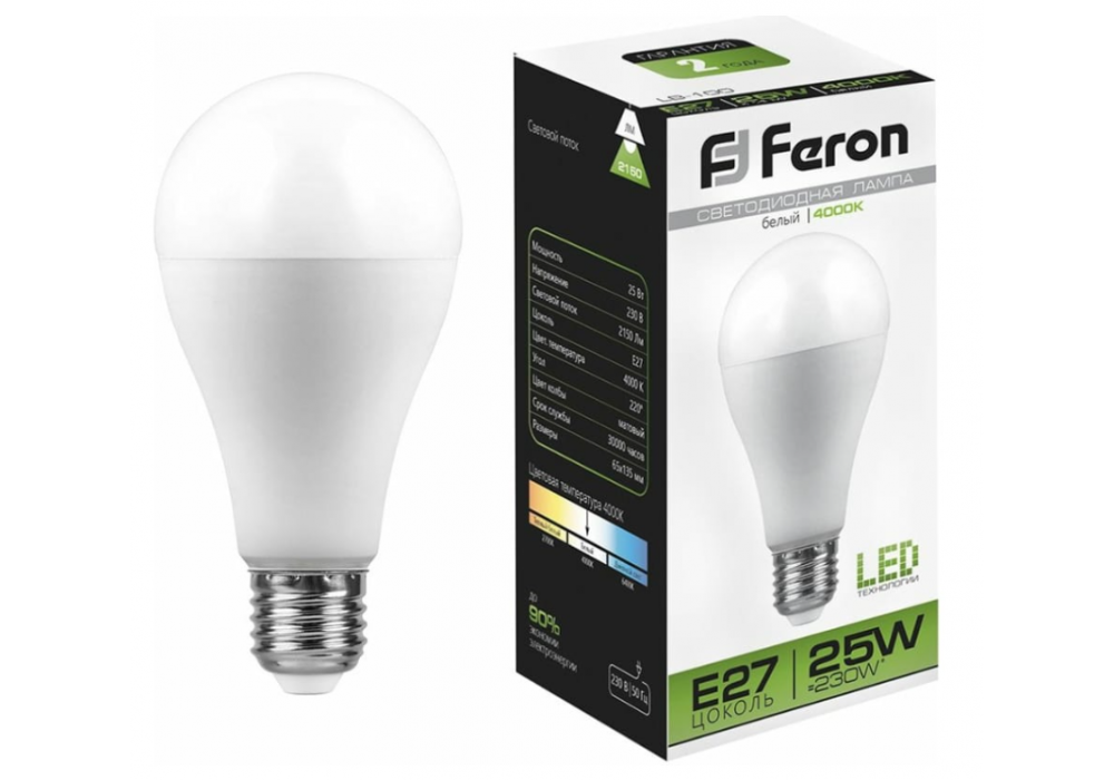 Лампа LED A65 25W E27 4000K Feron LB100