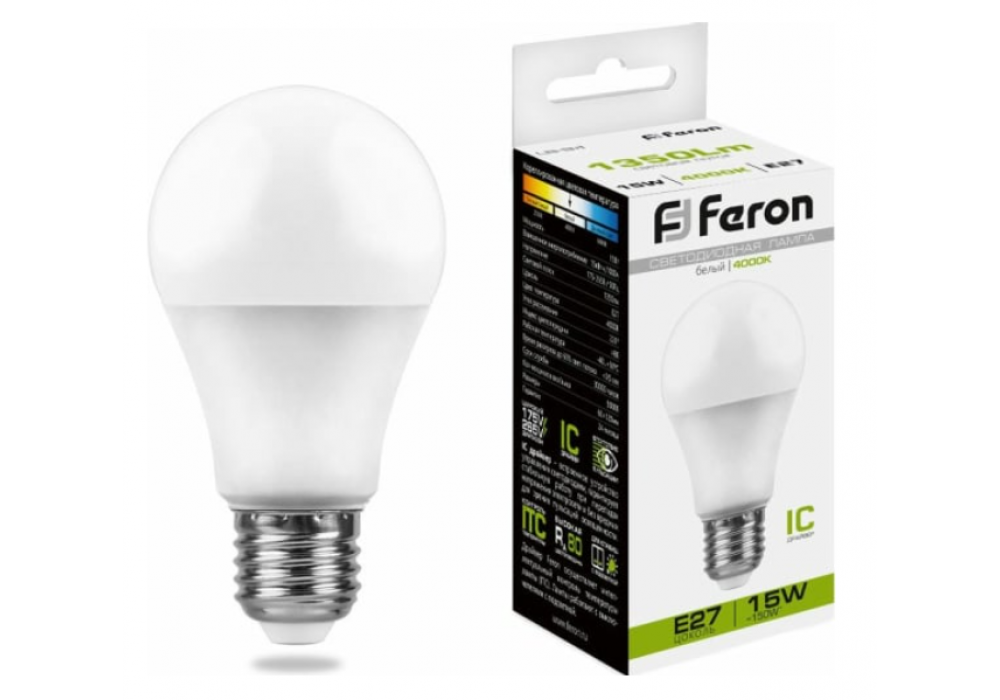 Лампа LED A60 15W E27 4000K Feron LB94