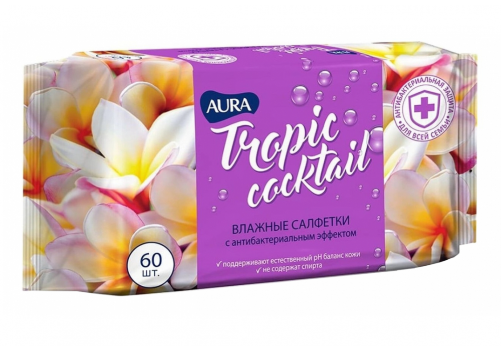 Салфетки влажные Антибактериальные 60шт. AURA Tropic cocktail, 93974
