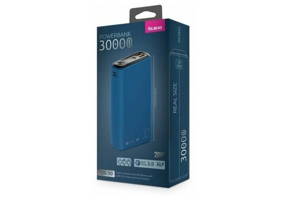 Аккум.внешний 30000mAh Partner/Olmio QC3.0 QS-30,синий