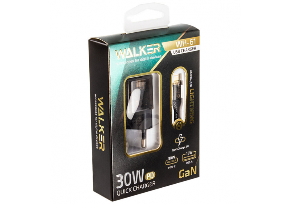 СЗУ 3A 1USB+Type-C QC3.0 PD30W WALKER WH-61 GaN (кабель LIGHTNING)