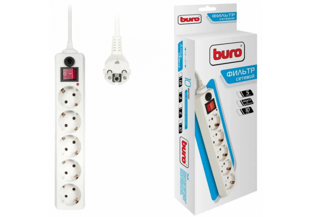 Сетевой фильтр BURO 5гн10м 2200Вт.белый 992302