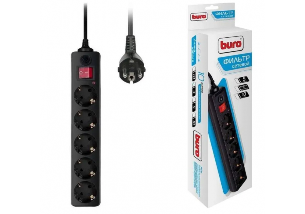 Сетевой фильтр BURO 5гн10м 2200Вт.черный 992303