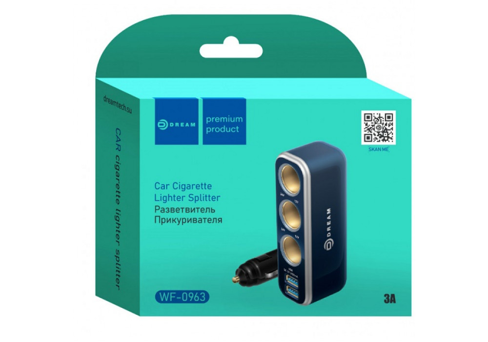 Разветв.прикур.3+2USB 3A,шнур DREAM WF-0963