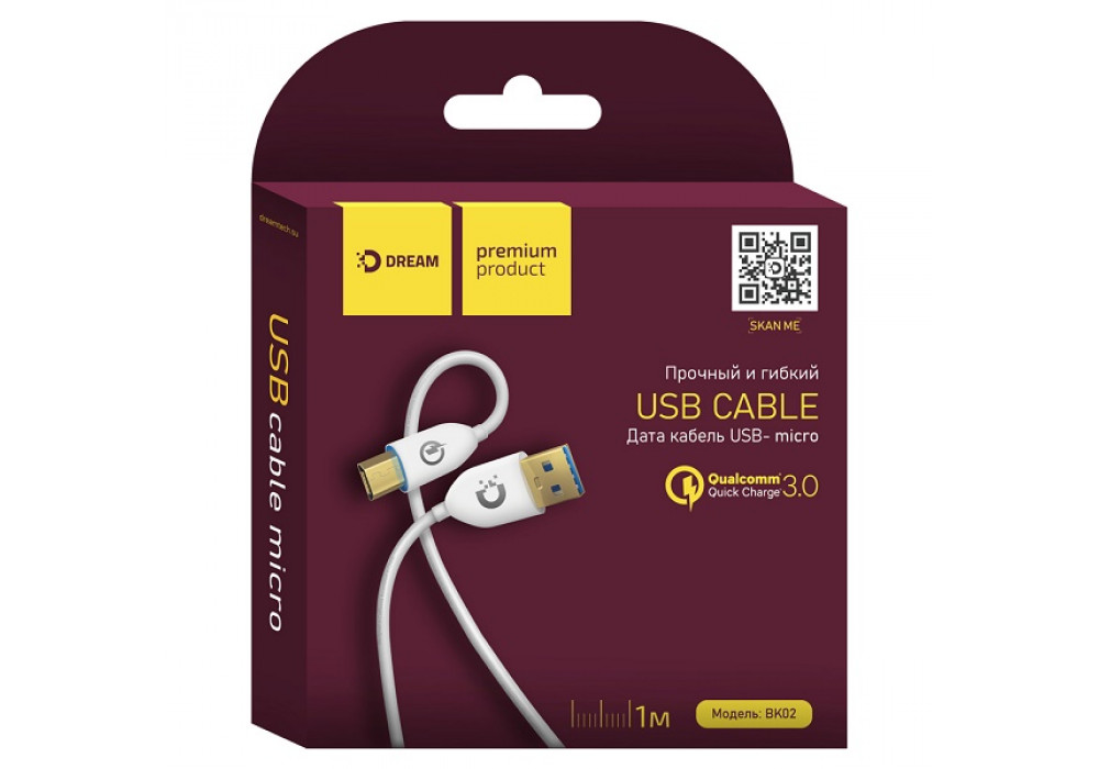 Шнур USB- micro 1м.DREAM QC3.0,U777,чёрный