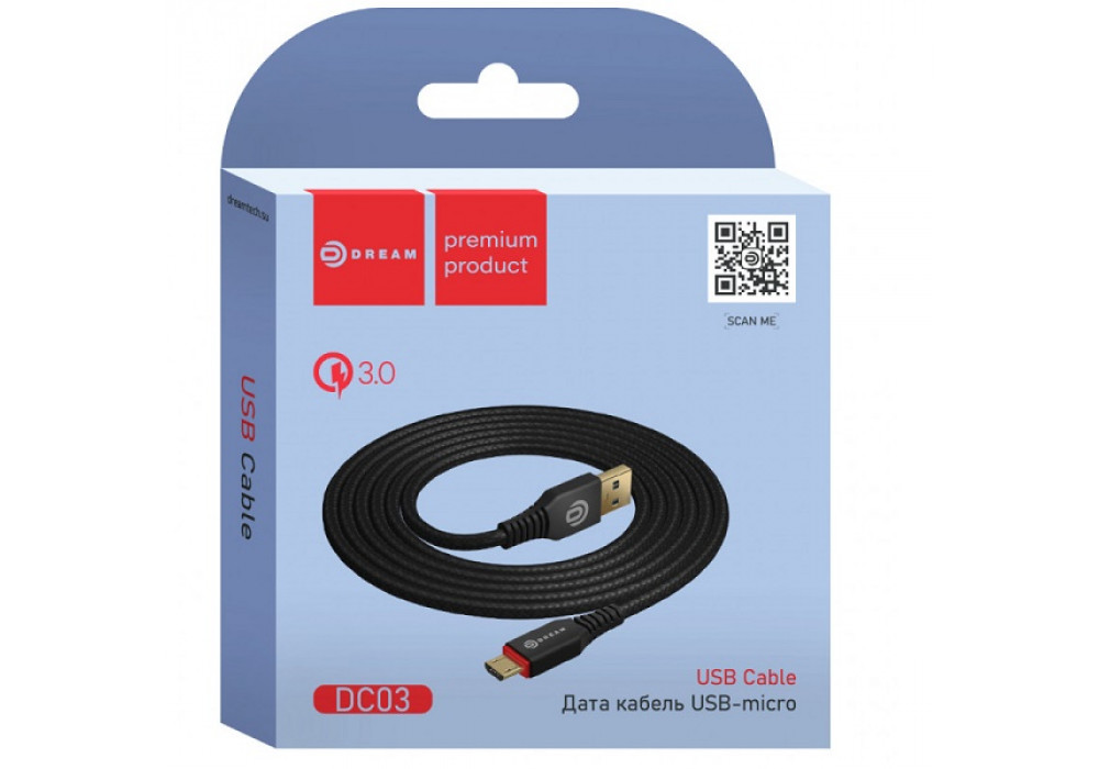 Шнур USB- micro 1м.DREAM QC3.0,DC03,черный