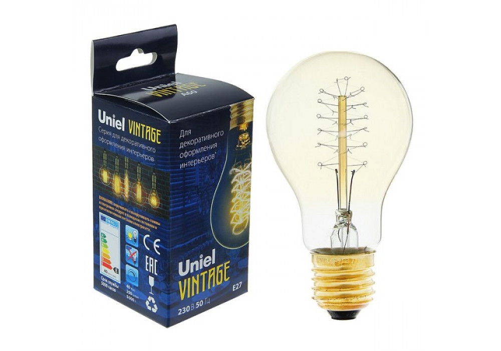 Лампа винтаж накал.A60 E27 40W ЛОН Uniel IL-V-A60-40/Golden/E27